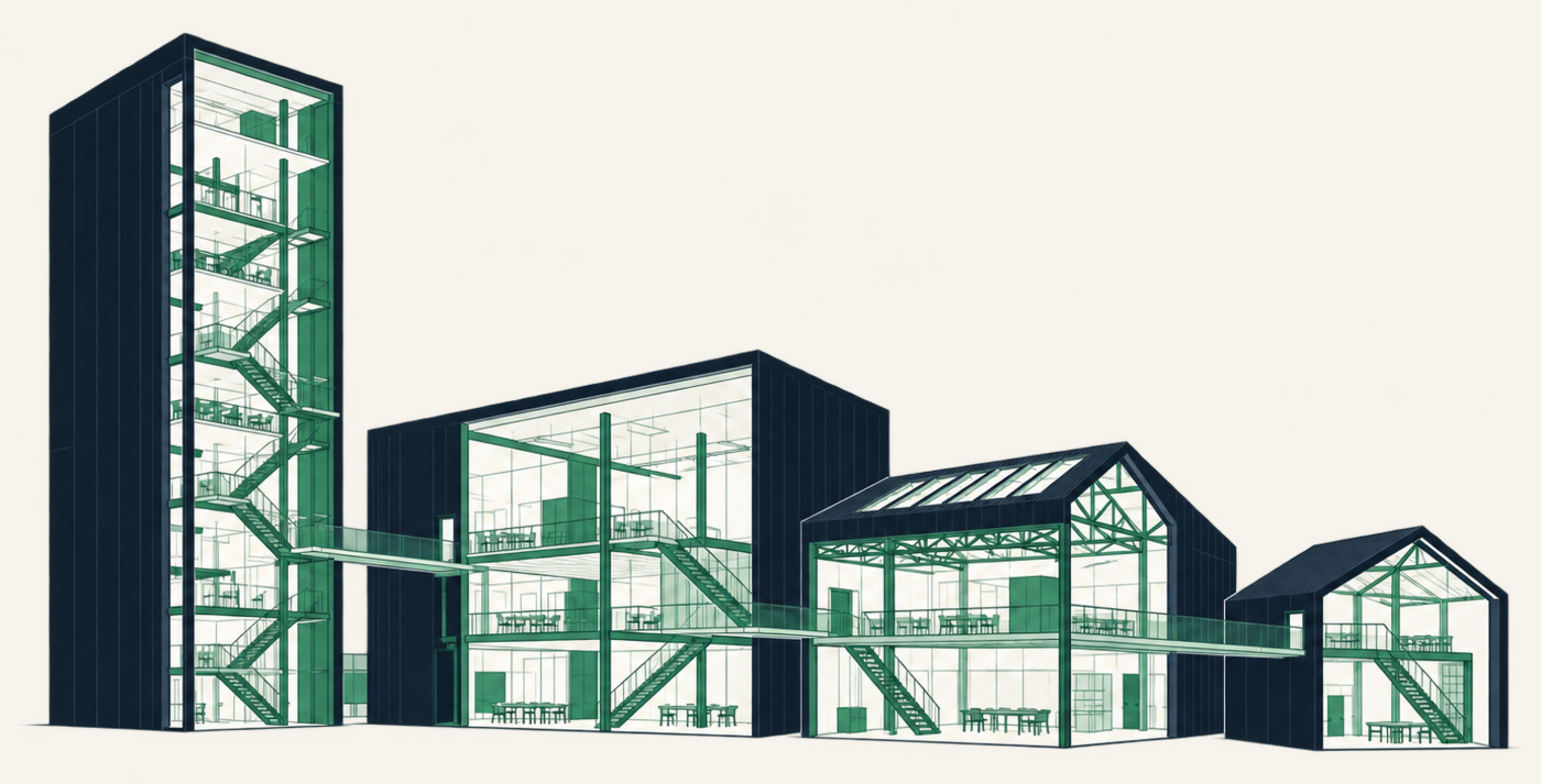 Illustration: vier verbundene Gebäude, vom Konzernturm bis zum kleinen Haus